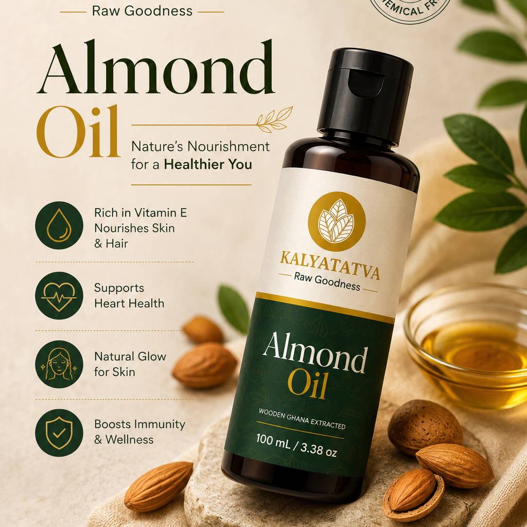 Kalyatatva Almond Oil 100ml - Cold Pressed Wooden Ghana Extracted, Chemical Free, Rich in Vitamin E for Skin and Hair - Badam Tel