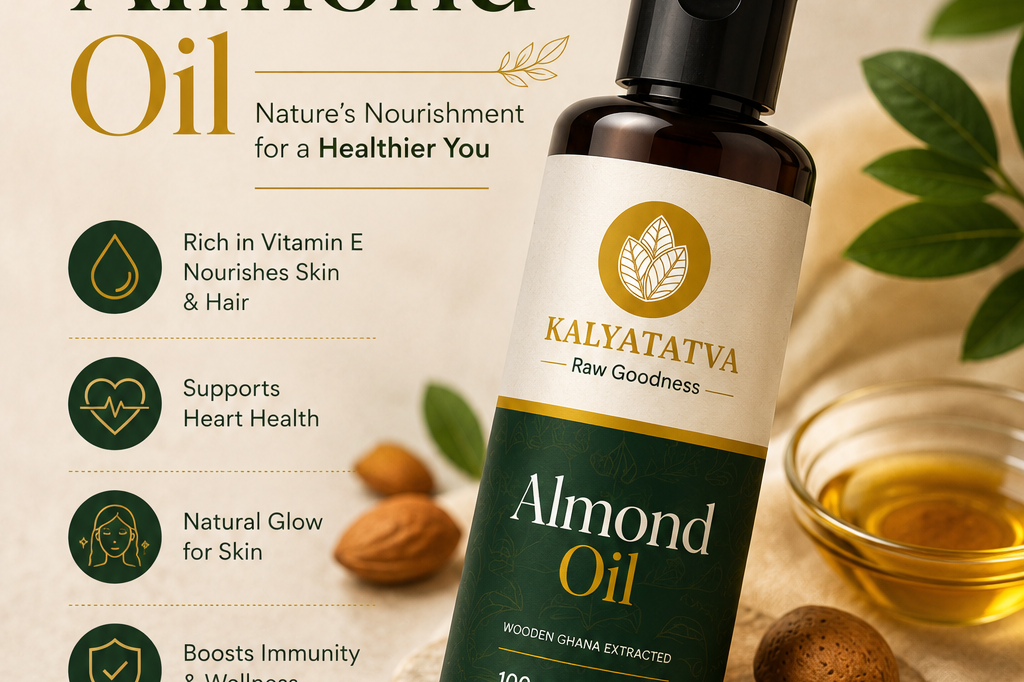 Kalyatatva Almond Oil 100ml - Cold Pressed Wooden Ghana Extracted, Chemical Free, Rich in Vitamin E for Skin and Hair - Badam Tel